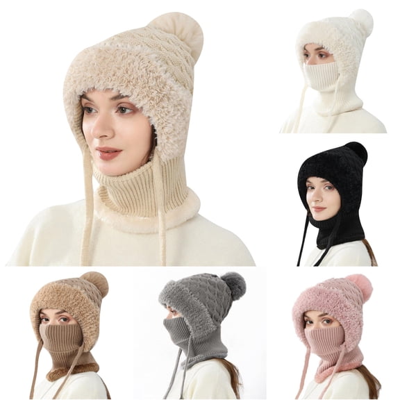 XIAOCHA Women's Fleece‑Trim Ear‑Flap Beanie Solid Outdoor Snow Neck Gaiter Fall Winter Neckwear,Beige