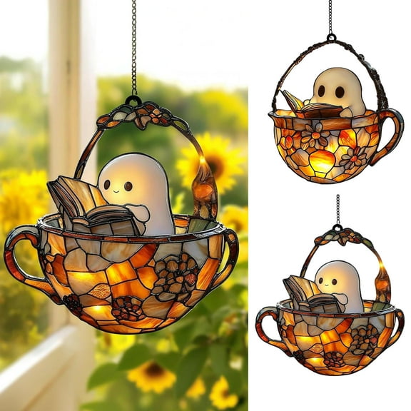Cute Ghost Reading Books Suncatcher, Acrylic Hanging Ghost Sun Catchers Ornament, Ghost Stained Hanging Ornament, Sun Catchers for Windows Indoor Decorations Outdoor 15cm/5.9In A1