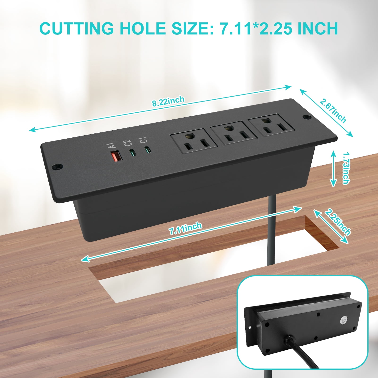 45W Recessed Power Strip USB C for Laptop,Flush Mount Desk Power Outlets 3 AC Outlets 3 USB Ports Flat Plug Extension Cord Built in Sofa Table Cabinet Nightstand Couch