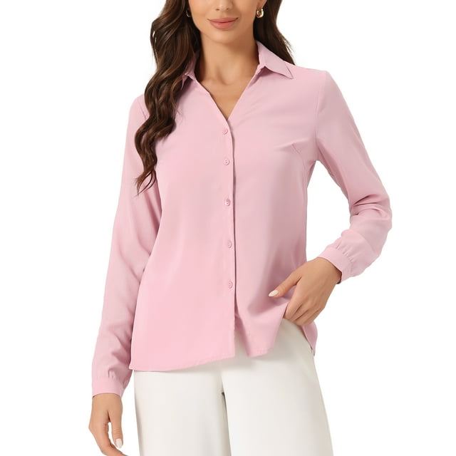 Inspire Chic Conjunto Blusa de Cuello en V para Mujer con Panel de Malla y Mangas de Linterna Elegante Camisa de Oficina Rosa