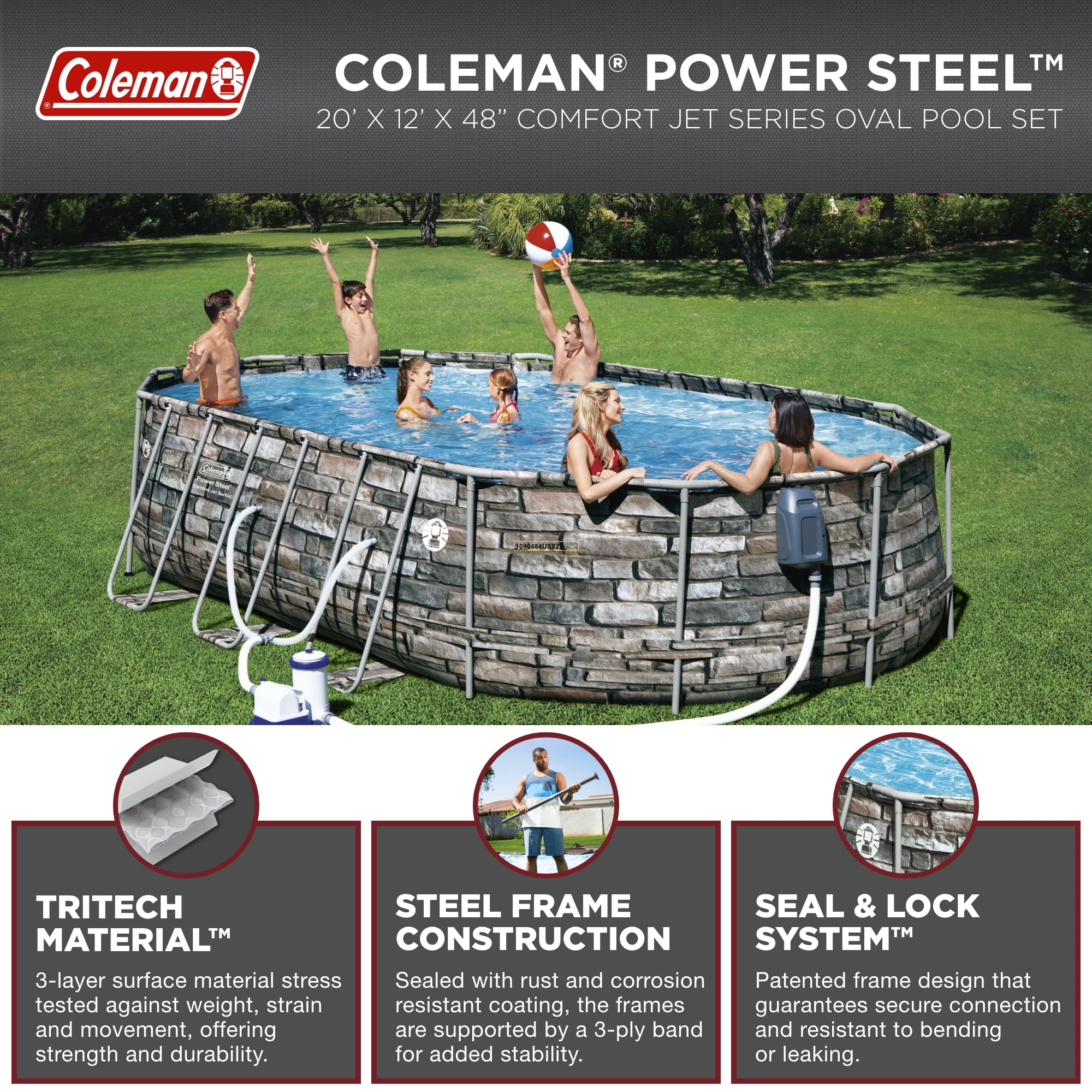 Coleman 20′ Power Steel Comfort Jet Oval 48′ Deep Metal Frame Above