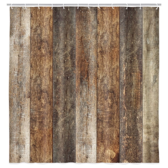 Rustic Fabric Shower Curtain, Old Brown Wooden Boards Bathroom Shower Curtain Sets Country Barn Door Bath Curtain with Hooks 69x70Inch