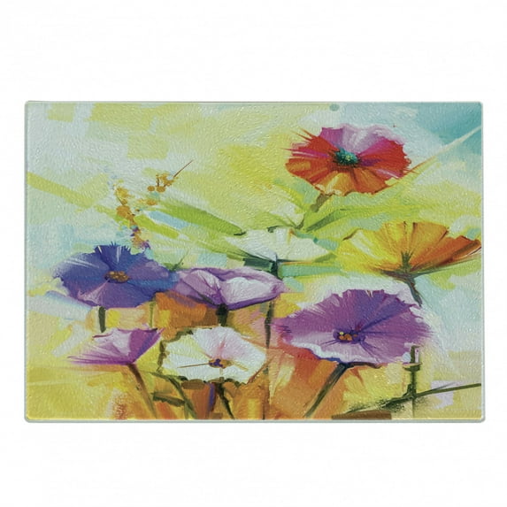 Fine Art Cutting Board, Vivid Wild Flowers Creative Spring Aura Painting Print Gerbera Bloom, Decorative Tempered Glass Cutting and Serving Board, in 3 Sizes, by Ambesonne