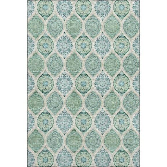 HomeRoots 677123 9 x 12 ft. Sage Ivory & Teal Ogee Washable Machine Made Rectangle Area Rug with UV Protection