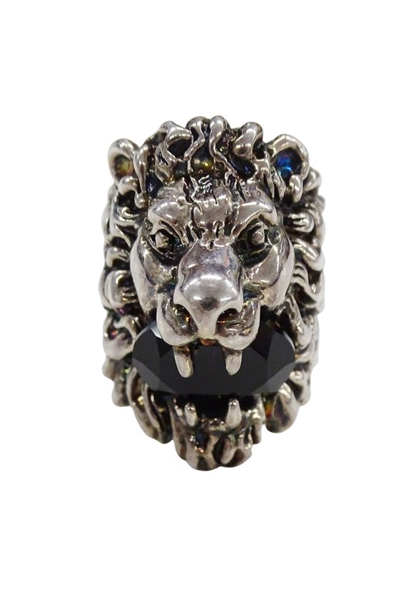Pre-Owned Gucci ring for women and men, brand name ring, metal, stone, lion head, silver,...