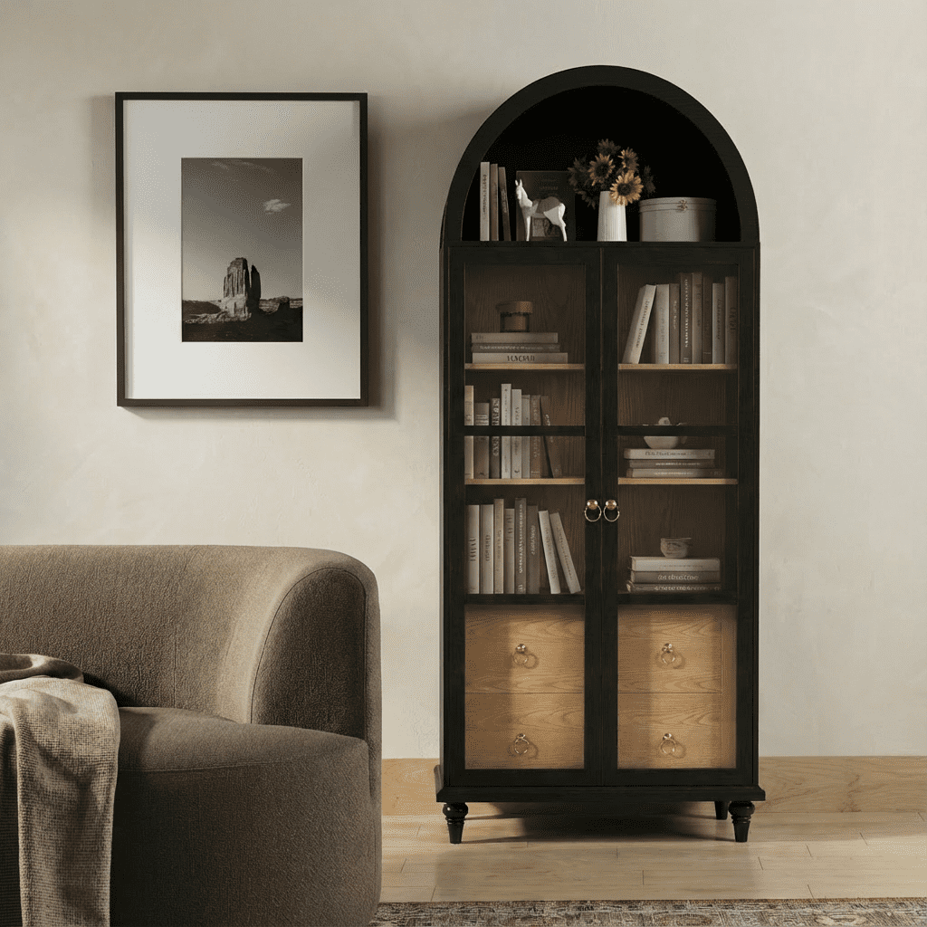 Lacoo 71'' Tall Arched Pantry Storage Cabinet with 2 Large Drawers & 3 Shelves, Display Cabinet with Glass Door for Kitchen Dining Room Living Room, Black