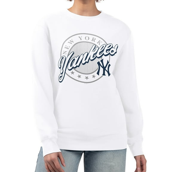 Women's G-III 4Her by Carl Banks White New York Yankees Pinstripe Circle Team Fleece Pullover Sweatshirt