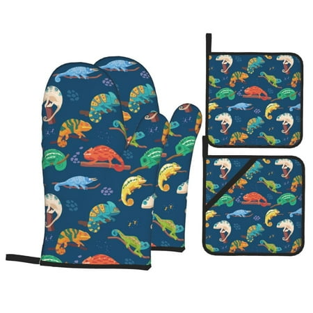 

Oven Mitts and Pot Holders Sets 4 pcs - Colorful Cute Chameleon Lizard_A Heat Resistant Silicone Oven Gloves with Non-Slip Silicone Surface and hot pads for kitchen Baking Cooking BBQ