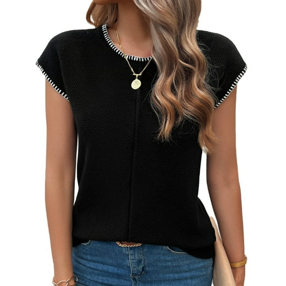 Womens Summer Cap Sleeve Tops Casual Crew Neck Sleeveless Knit Sweater Vest Loose Fit Pullover Tank Tops Black S