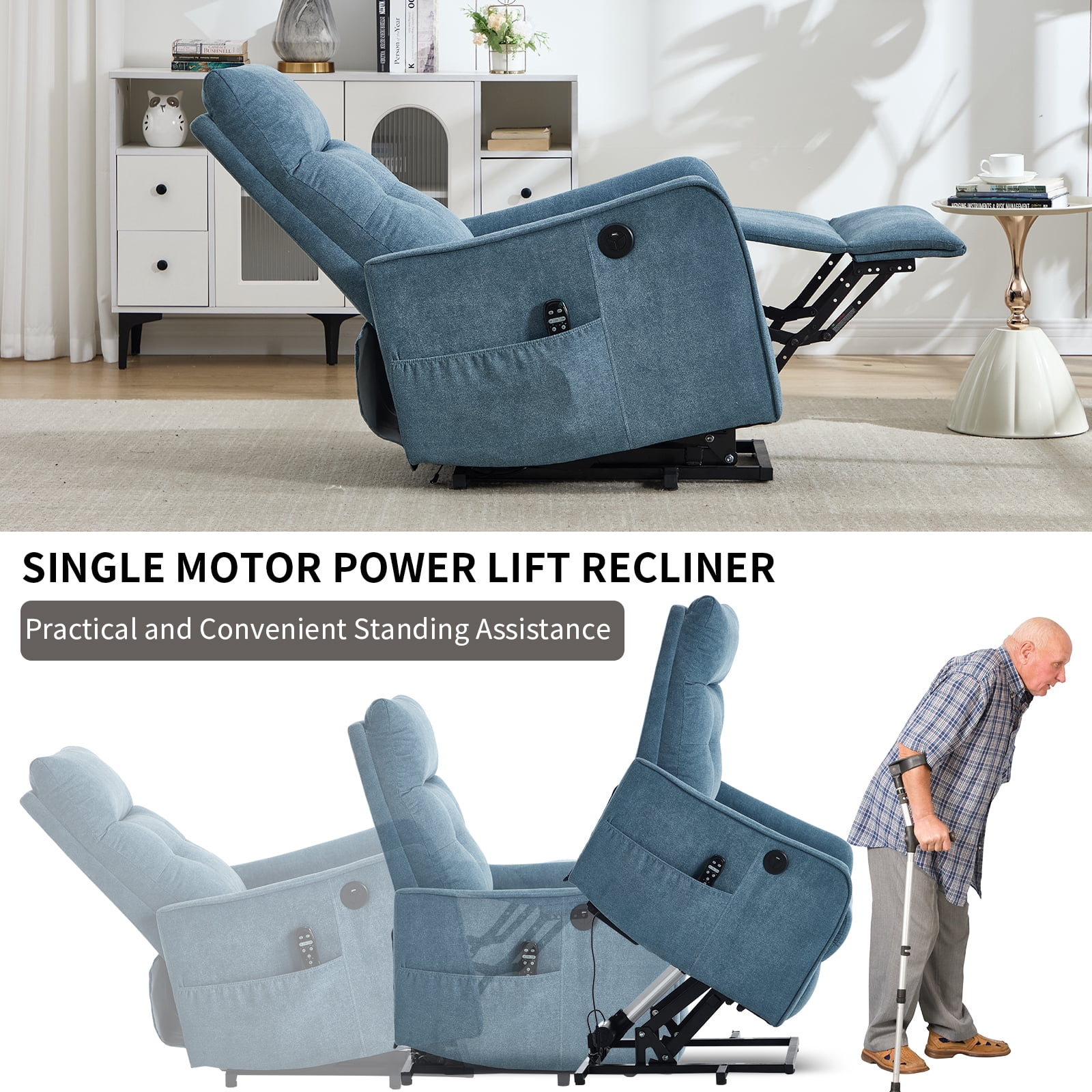 Power Lift Recliner Chair with Massage and Heat for Elderly, Heavy Duty Single Motor Lift Chair with USB Port, Easy-Clean Chenille Fabric, No Tools Assembly in One Box, Max 155° Reclining