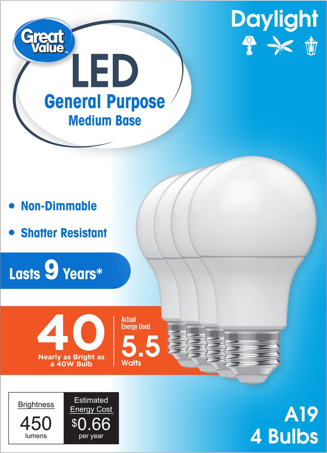 Great Value A19 LED Light Bulbs, 40W Equivalent, Daylight, General Purpose, 9 Year, Medium Base, 4 Pack