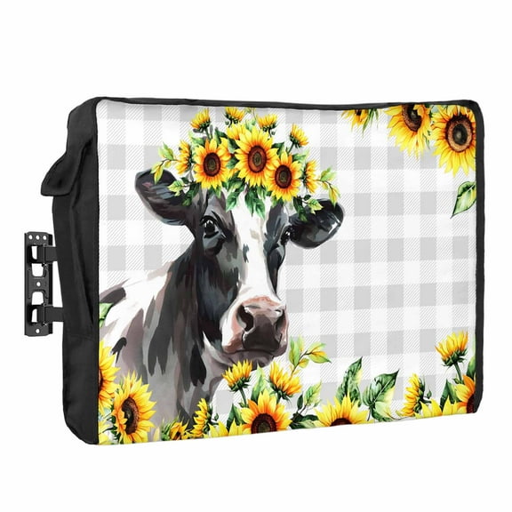 Outdoor TV Cover 60 to 65 Inches, Cow Sunflower Plant Farm Flower Gray Plaid Waterproof and Weatherproof TV Cover with Remote Control Pocket, Flat Screen TV Cover Protector for Outside TV