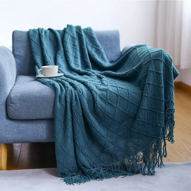 Inyahome-Manta de punto con borlas para sofá y cama, cobertor ligero y decorativo de granja, tejido suave y acogedor