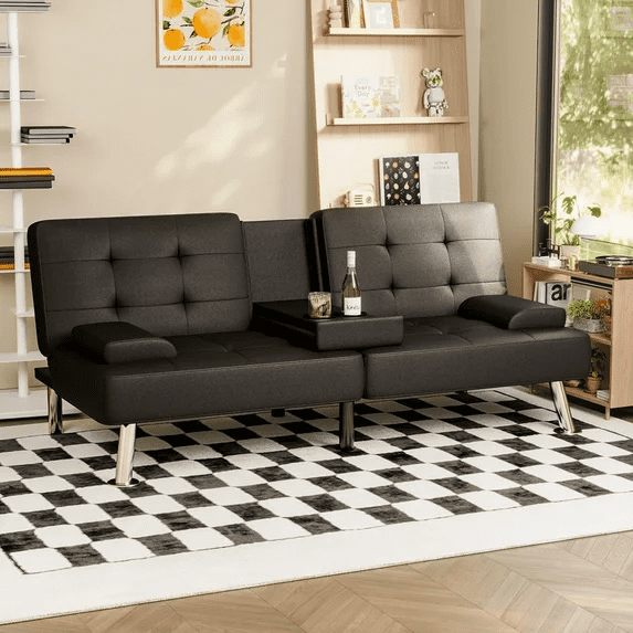 Lacoo 2-Pack Futon Sofa Bed Modern Convertible Sleeper Couch with Removable Armrests & Cup Holders for Living Room,Small Spaces,PU Leather Black