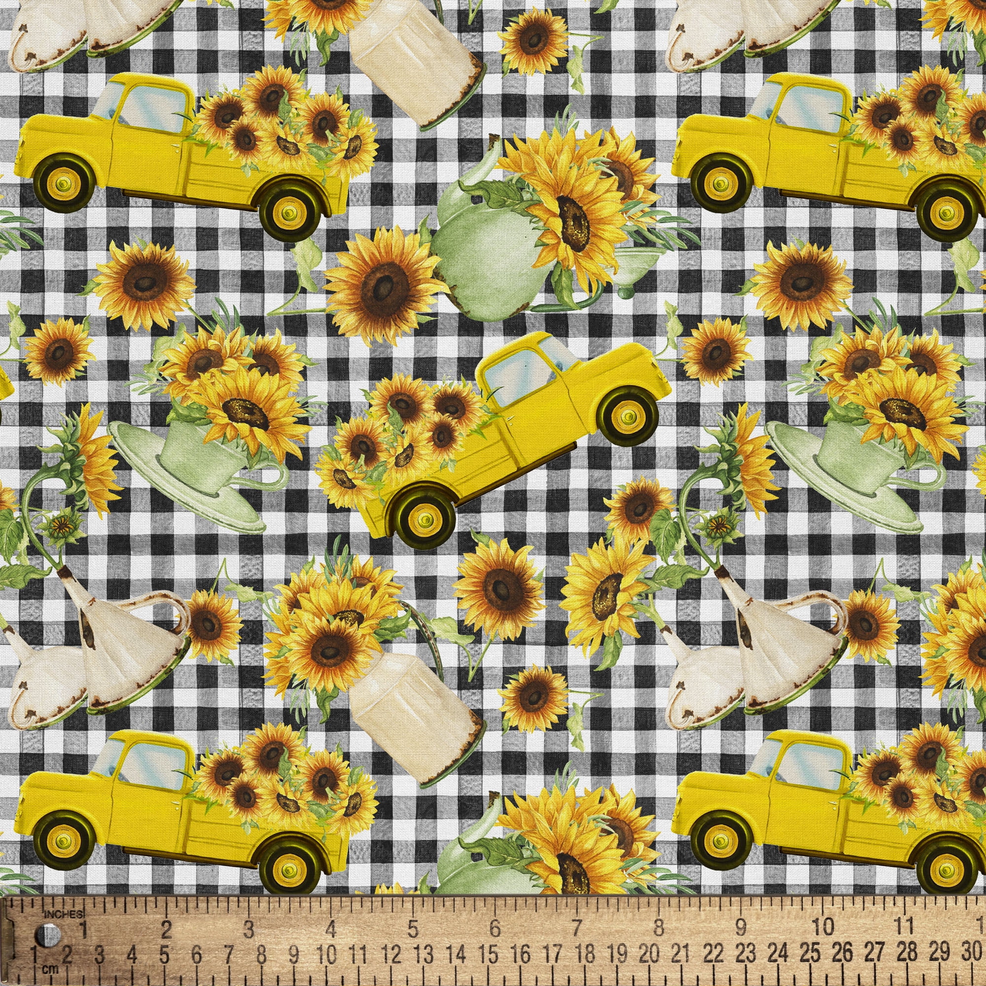 1 Yard 100% Cotton Sunflower Vases, Black, 44" Wide for Quilting & Sewing by David Textiles