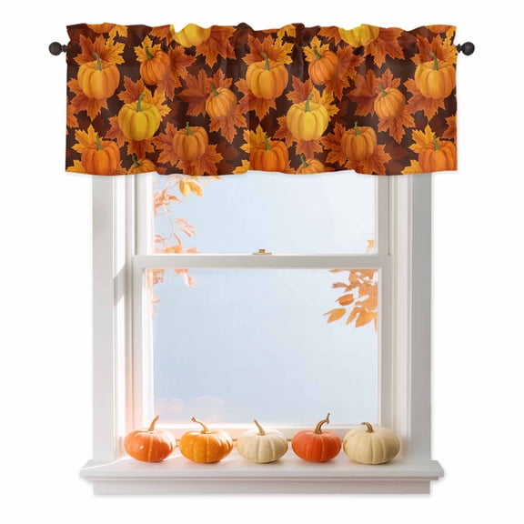 Thanksgiving Pumpkin Fall Orange Maple Leaf Curtain Valances,Autumn Leaves Small Window Treatment for Kitchen Living Room Bathroom,42" x 18"