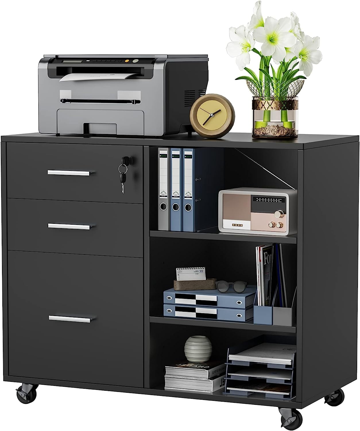 Mobile Wood File with Lock, 3 Drawer Office Lateral Filing