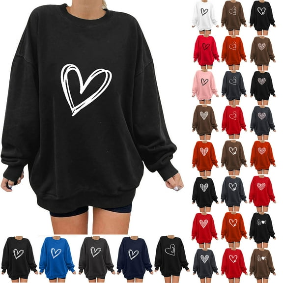 Dyegold Women'S Sweatshirts Teen Girls Heart Print Graphic Oversized Long Sleeve Shirts For Women Halloween Sweatshirts For Women Fall Outfits Oversized Christmas Womens Crewneck Fall