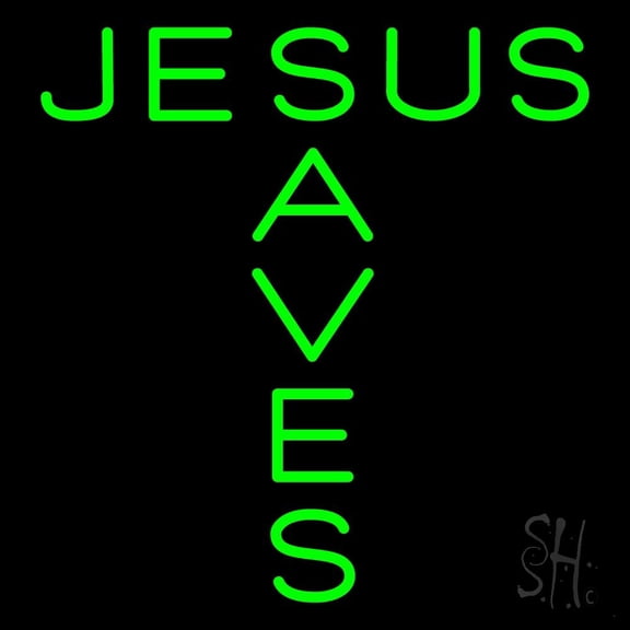 Green Jesus Saves LED Neon Sign 16" Tall x 16" Wide - inches Black Square Cut Acrylic Backing, with Dimmer - Premium built indoor Sign for Home décor, Event, Religious place, Store interior, Office.
