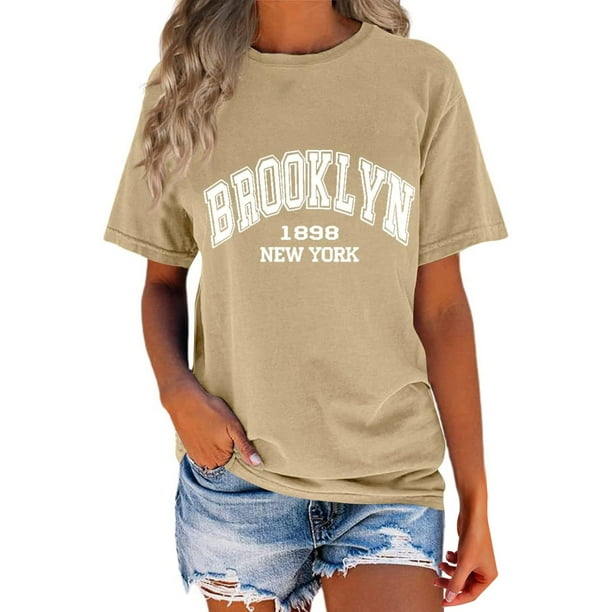 Camiseta de cuello redondo con estampado de letras para mujer: camiseta informal de manga corta para todas las estaciones