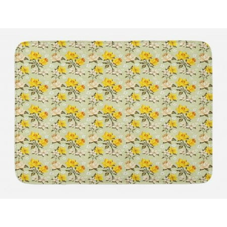 Vintage Bath Light - Vintage Bath Mat, Narcissus Blossoms Little Wildflowers Green Leaves Classical Festive, Non-Slip Plush Mat Bathroom Kitchen Laundry Room Decor, 29.5 X 17.5 Inches, Yellow Cream Pale Green, Ambesonne