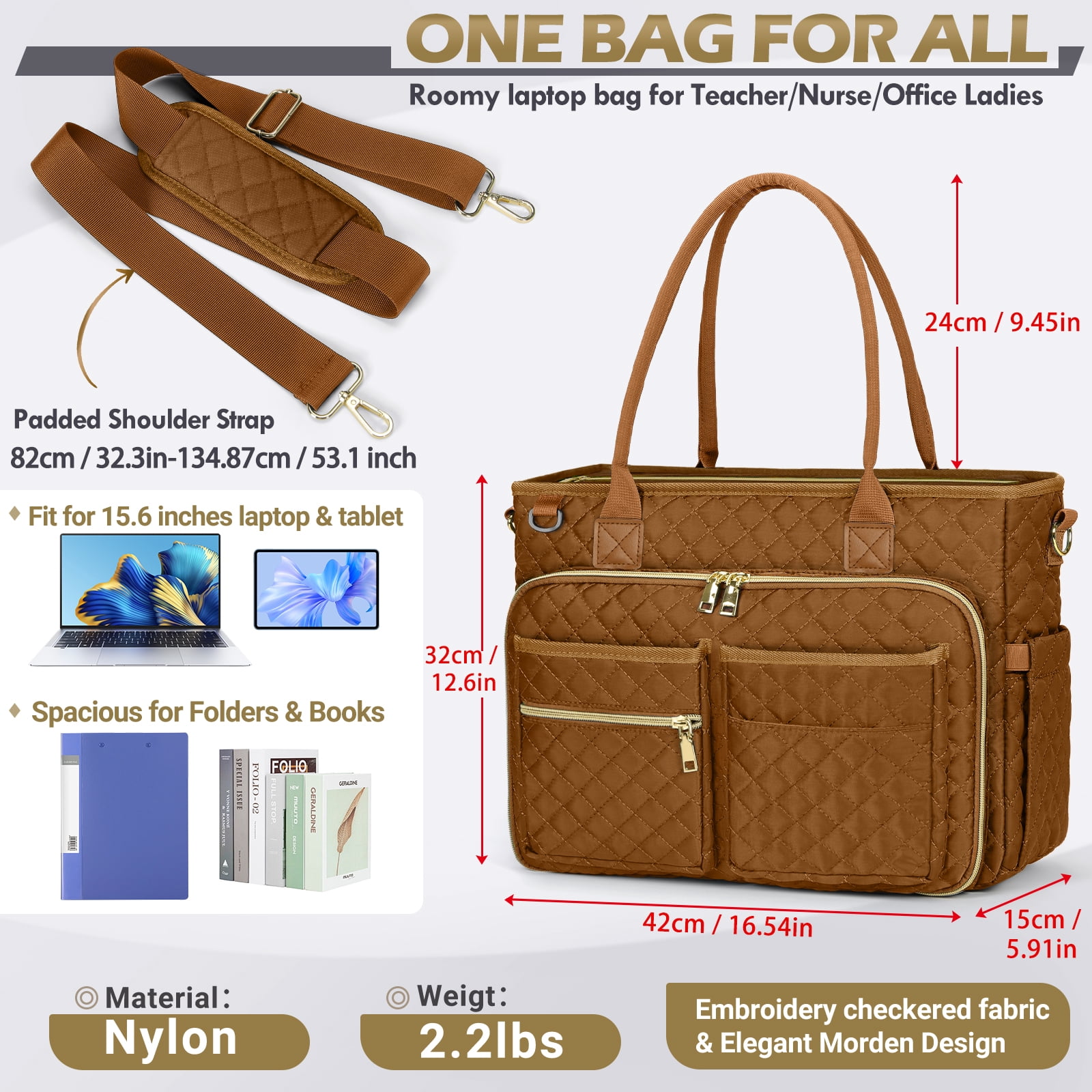 RAINSMORE Teacher Tote Bag 15.6 inch Laptop Bag for Women Work Bags Laptop Tote Nurse Bag Professional Computer Messenger with Insulated Pocket, Laptop Briefcase for Office, College, Nursing