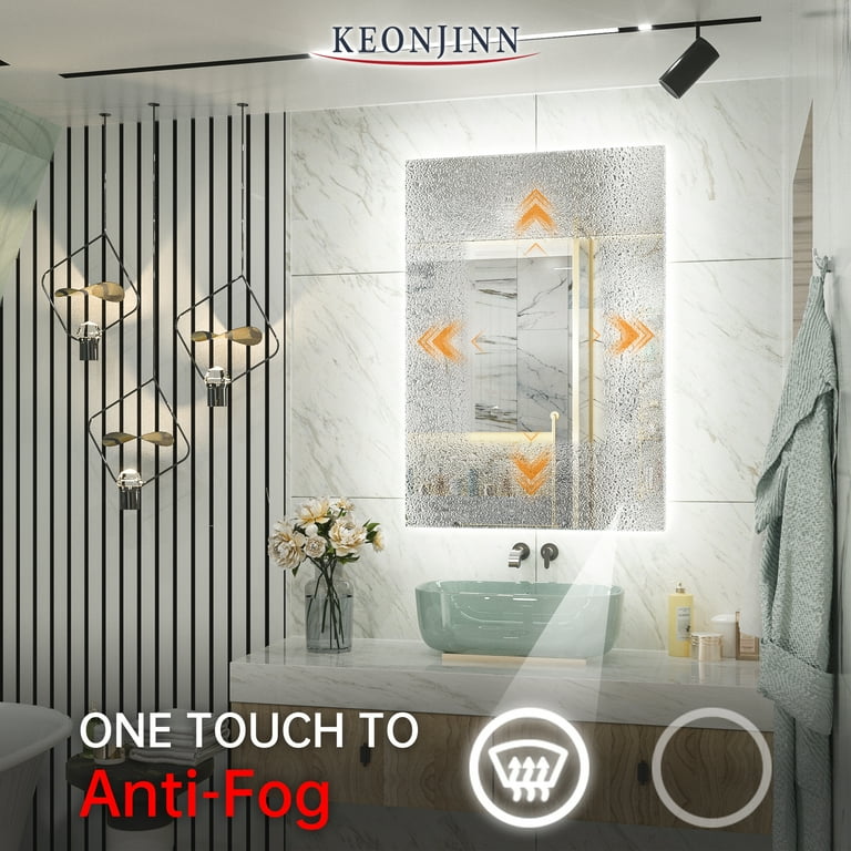 Keonjinn - Specchio da bagno con retroilluminazione a LED, 36 x 36 cm, anti- appannamento e dimmer touch switch per trucco, regolabile, colore: giallo/bianco caldo, luci naturali