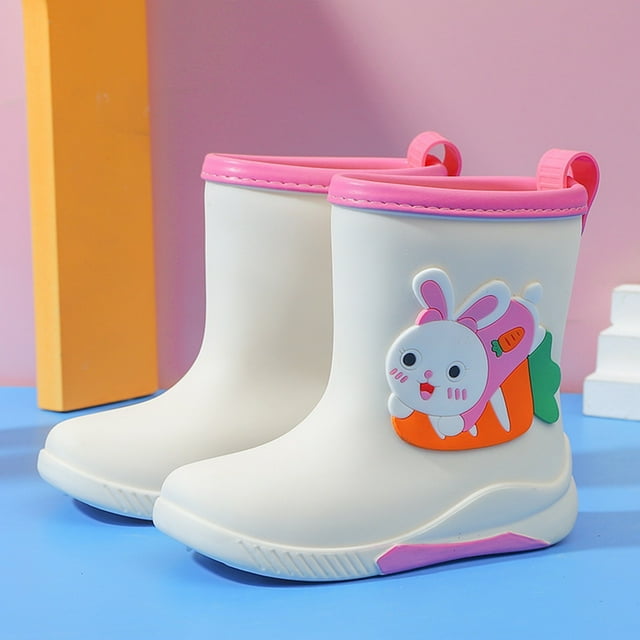 XIMIN Kids Rain Boots Cute Non Slip Rain Boots Toddler Cartoon Rabbit PVC Rubber Rain Shoes with Warm Inner Boys Girls Rubber Short Rainboots for Outdoor