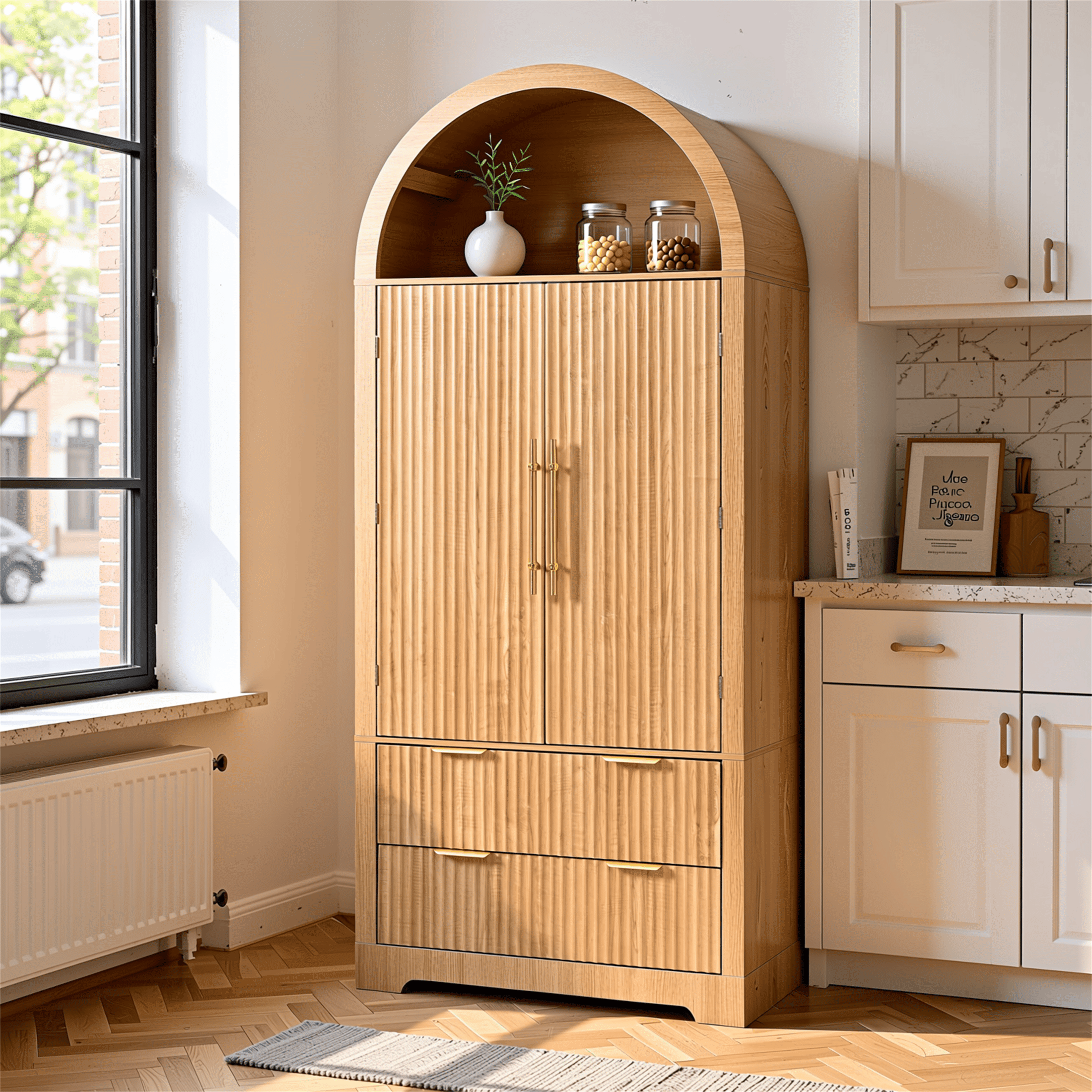 Homy Casa 72" Tall Kitchen Pantry Cabinet with Fluted Doors, 8 Door Racks and 2 Drawers, Natural
