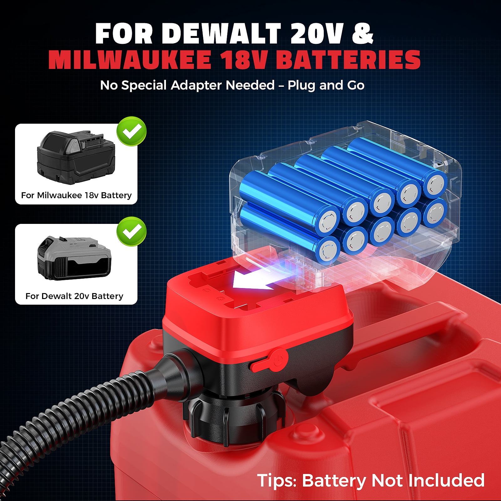 Cordless Fuel Transfer Pump Compatible with DeWalt 20V & Milwaukee 18V Batteries, 3.2 GPM Portable Fuel Pump with 51'' Hose and 3 Adapters(Bare Tool)
