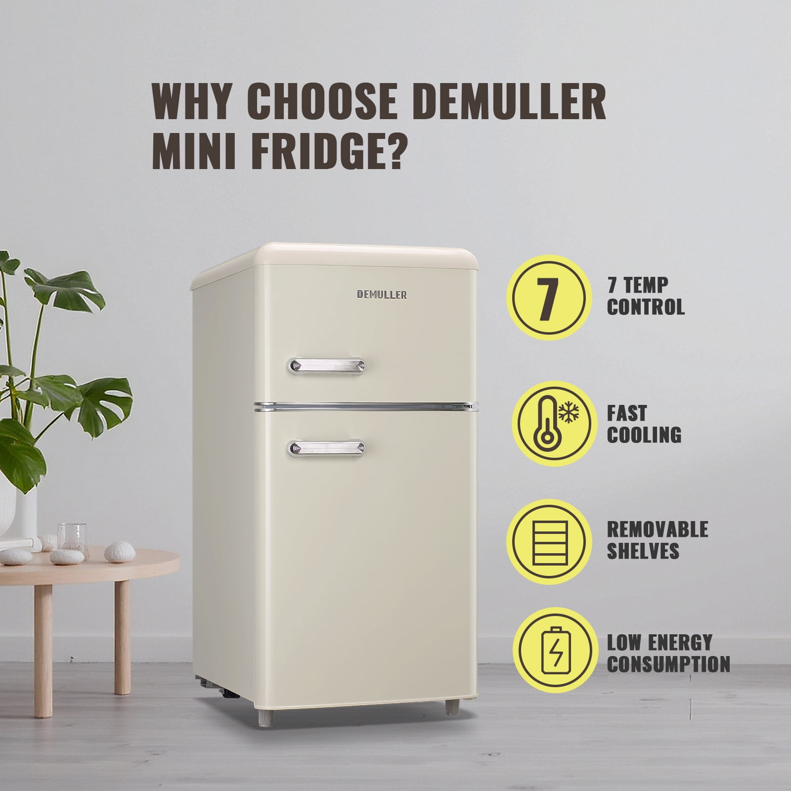 DEMULLER Retro Small Refrigerator with Freezer Mini Fridge 7 Modes Temperture Setting Cream White
