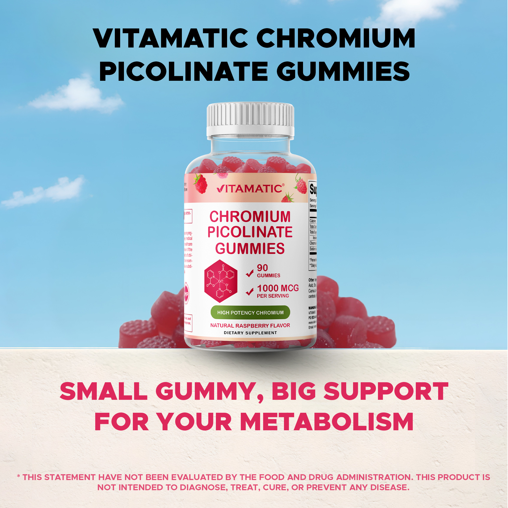 (3 pack) Vitamatic Chromium Picolinate 1000 mcg - 90 Gummies - High Potency Chromium - Raspberry Flavor