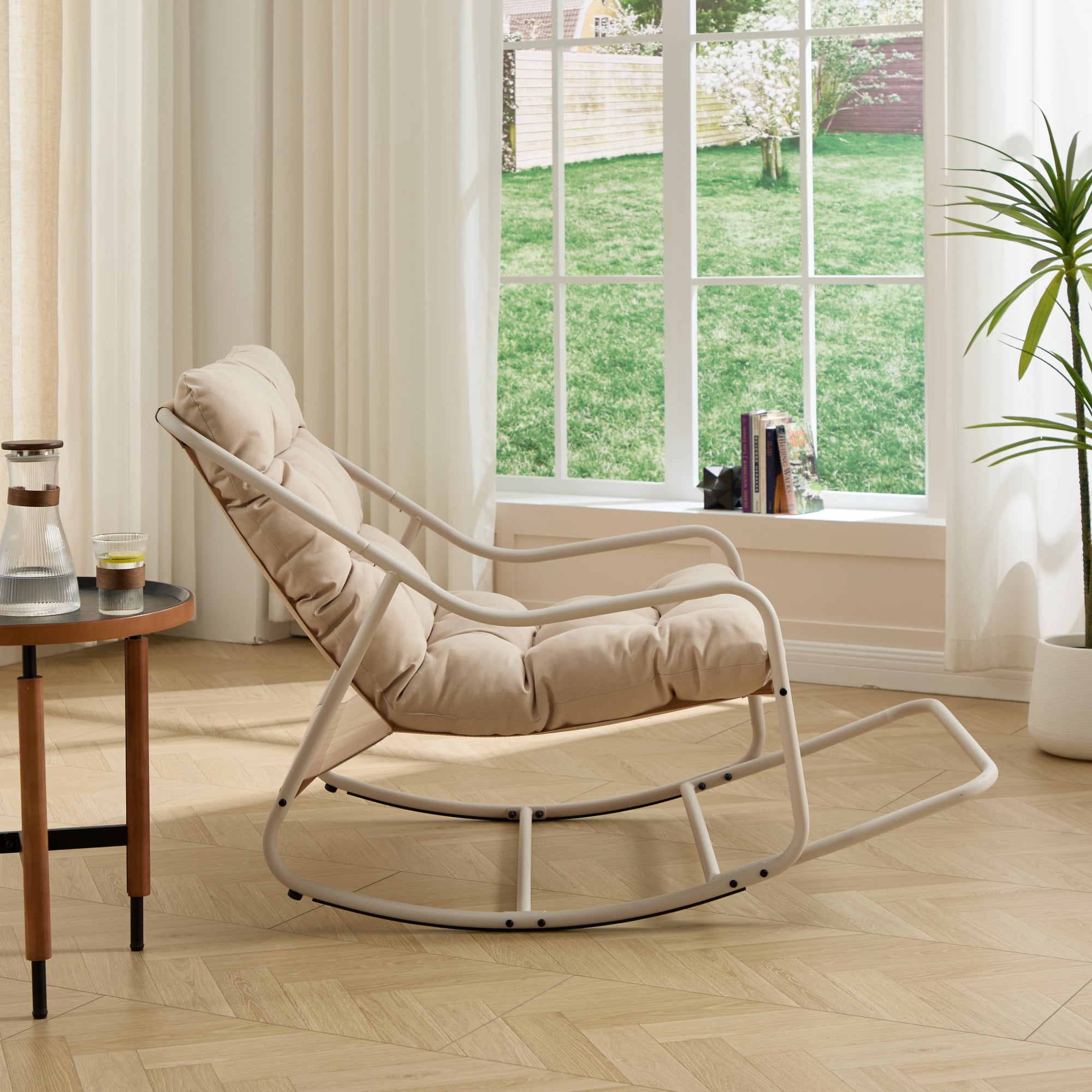 Outdoor Rocking Chair with Cushion, Patio Comfy Rocker with Thick Padding, Modern Sling Chair for Porch, Garden, Reading Nook, Beige