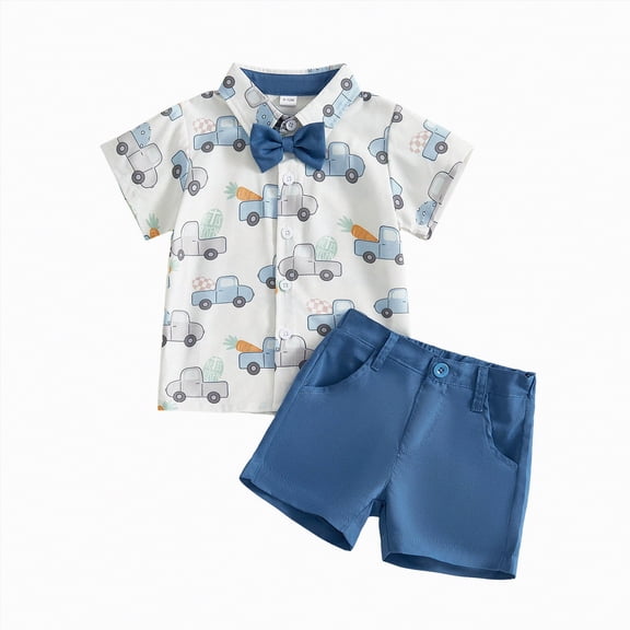 HCNTES Toddler Boy Easter Dressy Set Adorable Carrot Truck Print Shirt with Bow Tie and Shorts for Brunch Toddler Boy Summer Clothes