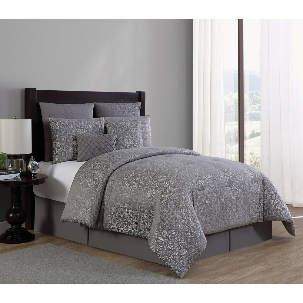 VCNY Home Grey Medallion 8Piece Comforter Bedding Set, Euro Shams and