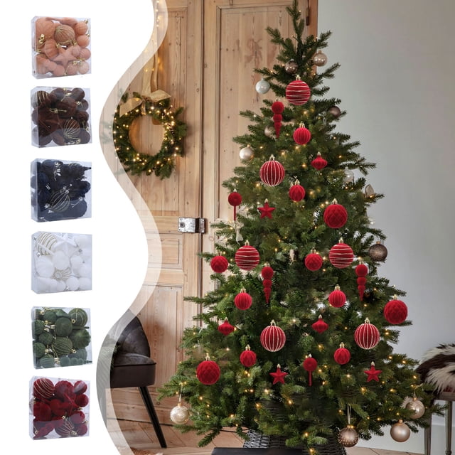 Set de Adornos Navideños de Bolas Azules Aterciopeladas | 24 Piezas de 7 Cm para Árbol de Navidad | Material de Ante | Colores Coordinados | Adornos Versátiles | Fáciles de Colgar | 157 G | Sku: Zkr2