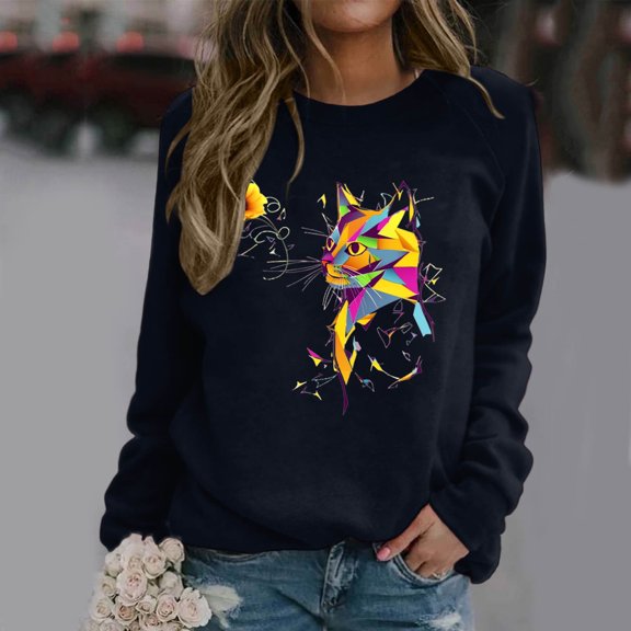 Women's Casual Round Neck Raglan Long Sleeved Colorful Sunflower Cat Print Pullover Sweatshirt Sweater Beach Sweaters Women Distressed Plain Sweatshirt Cute Fall Shirt Cute Sweatshirts Fall Women