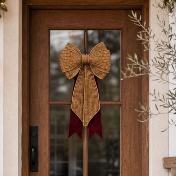 Large Woven Rattan Decorative Bow with Velvet Streamers, 16.5 Inch Farmhouse Hanging Bow for Front Door, Wreath, Wall, Holiday Home Decor