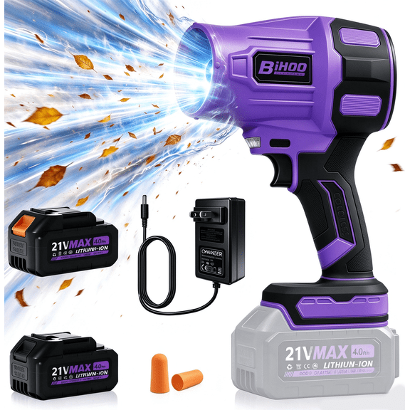 Electric Cordless Leaf Blower, 21VPurple Handheld Blower with 2×4.0Ah Lithium Batteries & Charger, For Lawn, Dust, Leaves, Light Snow, Car Drying