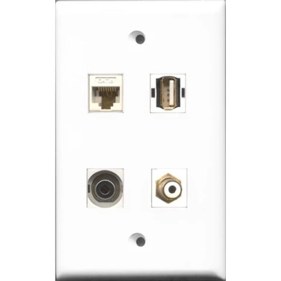 RiteAV 1 Port RCA White and 1 Port USB A-A and 1 Port 3.5mm and 1 Port Cat6 Ethernet White Wall Plate