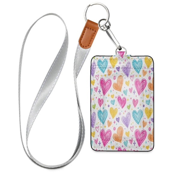 PU Leather Badge Holder Lightweight ID Card Holder with Window Pocket Graffiti-style Heart Pattern