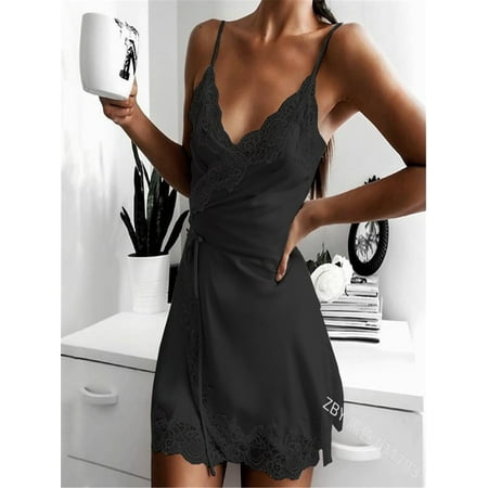 

Women’s Summer Sleeping Dress stylish Solid Color Lace Trim V-neck Ladies Suspender Sleepwear