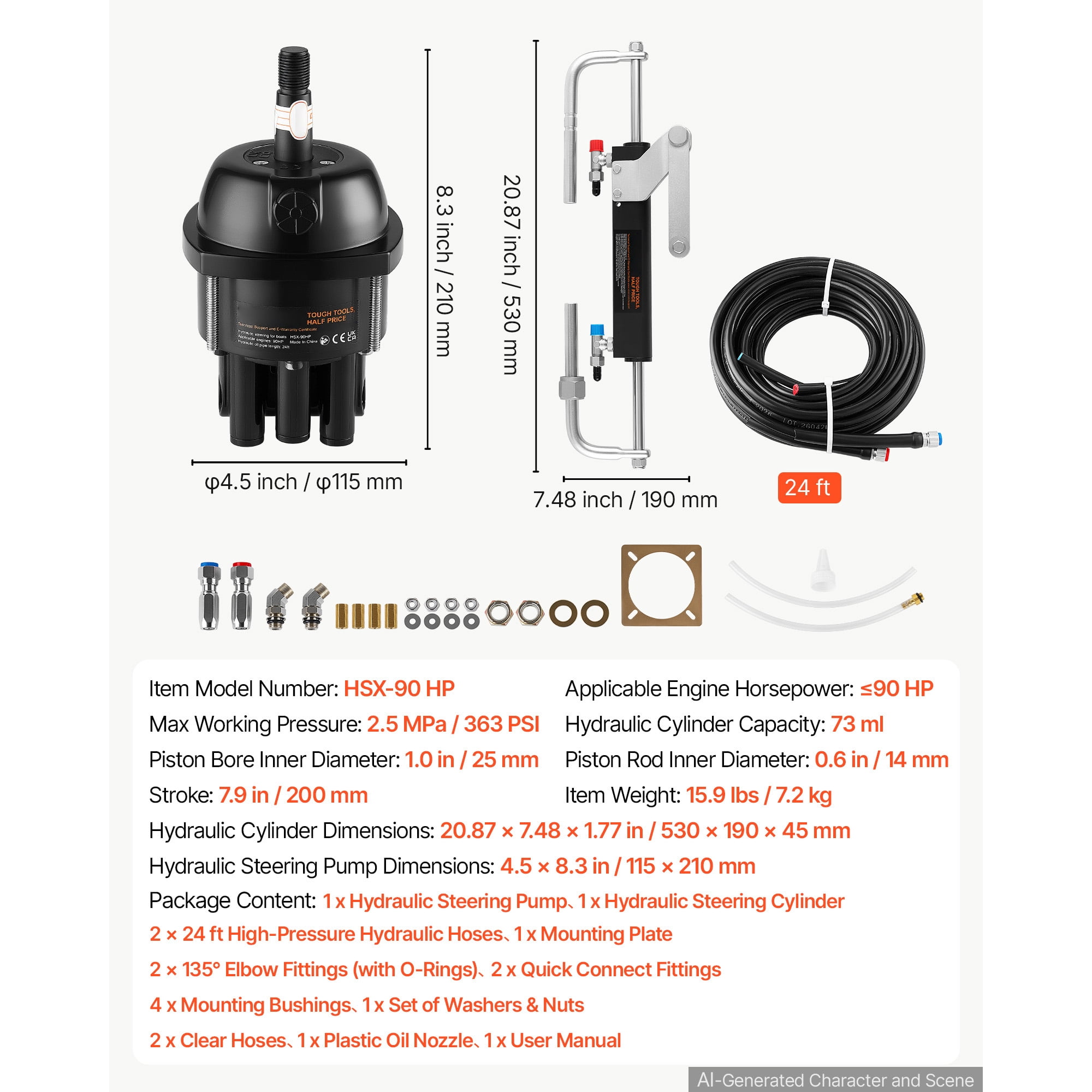 KFFKFF Hydraulic Steering Kit for 90HP Outboard Engines, Marine Steering System with 24 ft High-Strength Hoses, 2.5 MPa Helm Pump, Two-Way Lock Cylinder, Designed for Single-Engine Boats