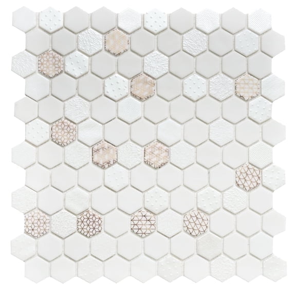 The Tile Life Eterna Hex Oro Blanco Shiny Glass Hexagon Mosaic Wall Tile, 12 x 12 in, 1-Piece
