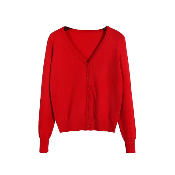Grianlook Women Outwear Long Sleeve Coat Solid Color Cardigan Sweater Ladies Casual Jacket Cozy V Neck Red L