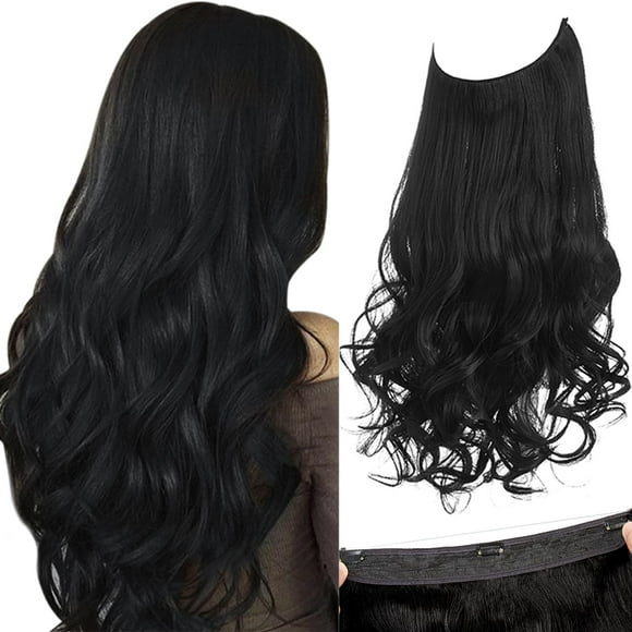SARLA Invisible Wire Hair Extensions with 3 Clips Short Synthetic Wavy Curly Hairpiece Adjustable Transparent Headband for Women 14 Inch Jet Black