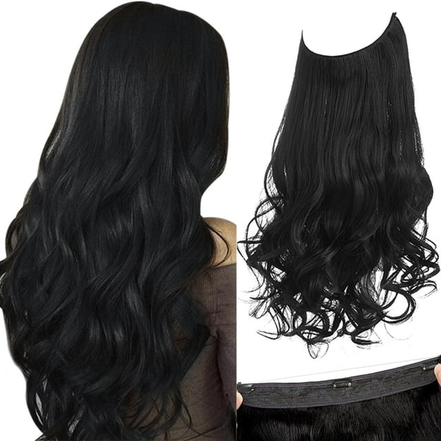SARLA Extensions de Cheveux Invisibles avec 3 Clips Courts Synthétiques Ondulés Bandeau Transparent Réglable pour Femmes 14 Pouces Noir Jet