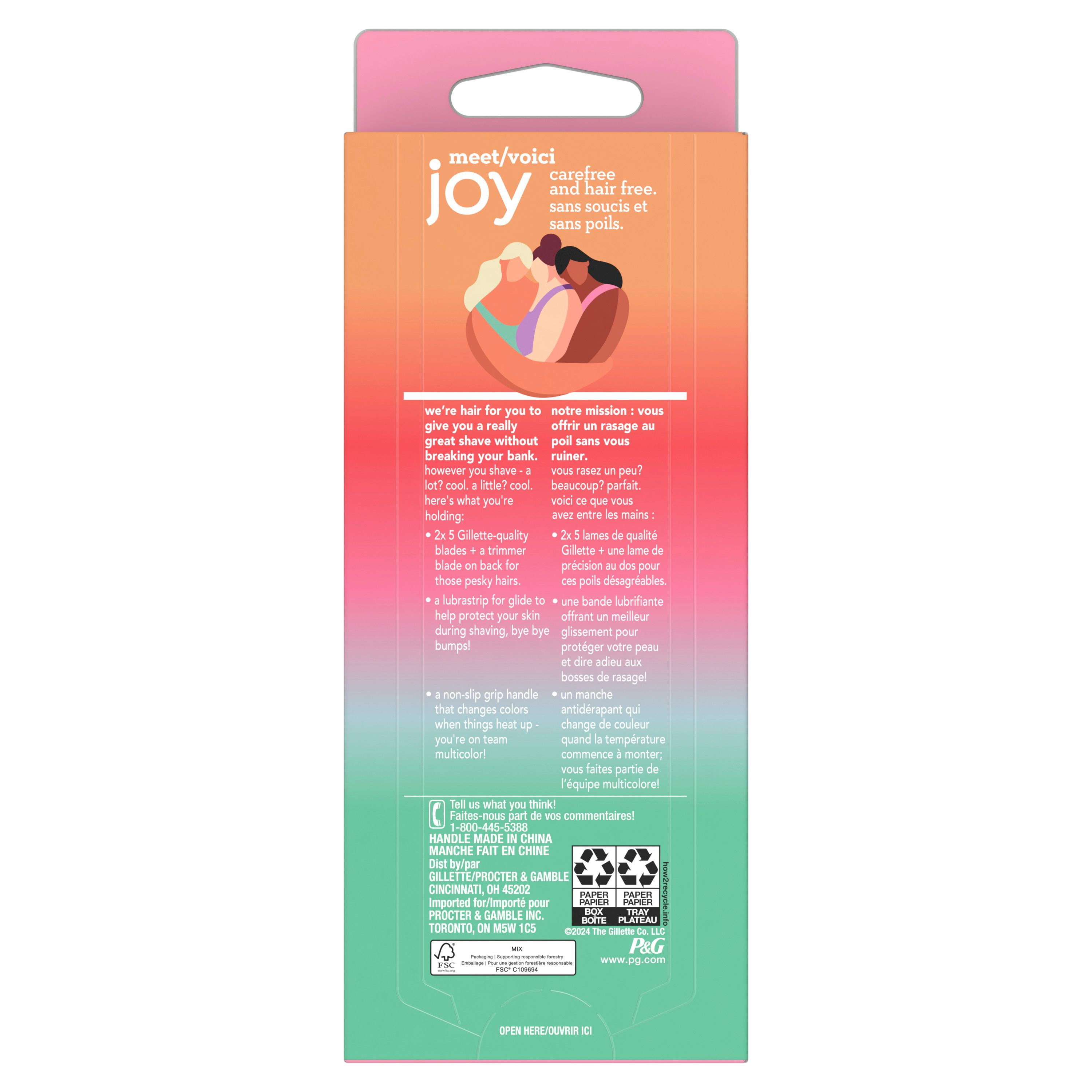 rasoir joy qui change de couleur pour femmes, trousse de rasage avec 1 manche + 2 cartouches de rechange