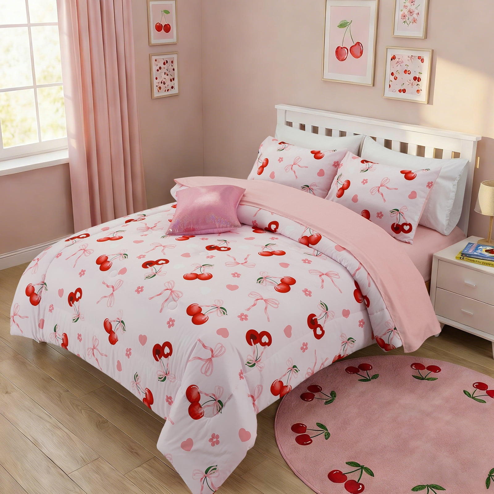 Btargot 6 Piece Bows Girls Twin Bedding Set Pink Cherry Love Hearts Flowers Girl Comforter Set