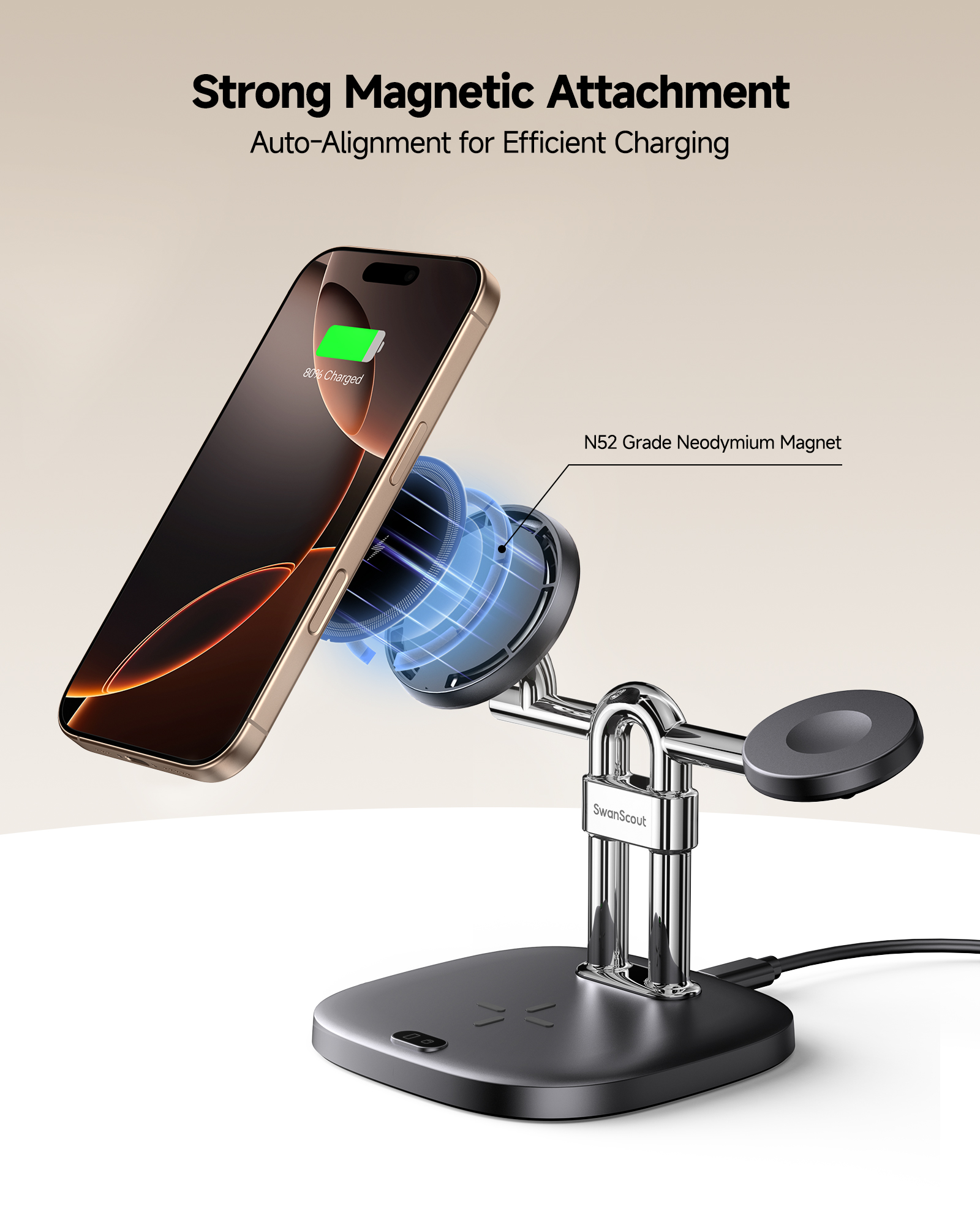 SwanScout 3 in 1 MagSafe Wireless Charger, for iPhone 17/Air/16/15/14/13/12 Series, for Apple Watch 11/10/9/8/7/SE 3/SE 2, Ultra 3/Ultra 2/Ultra, AirPods Pro 3/2, SwanScout 712M (No Adapter)